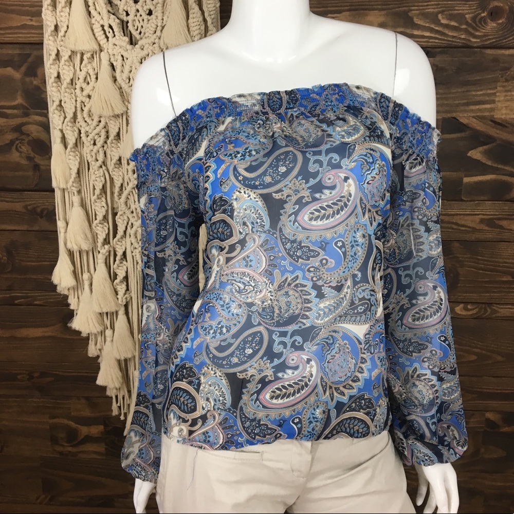 I Jeans by Buffalo |‎ Paisley Smocked Off Shoulder Sheer Blouse